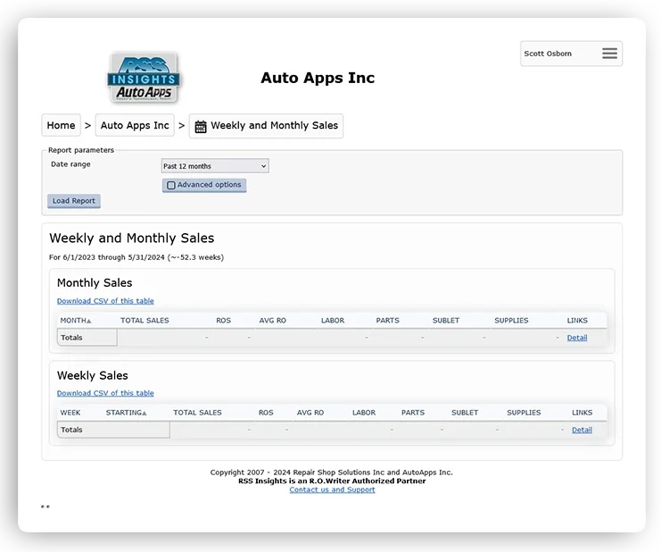 RSS Auto Apps Weekly and Monthly Sales interface