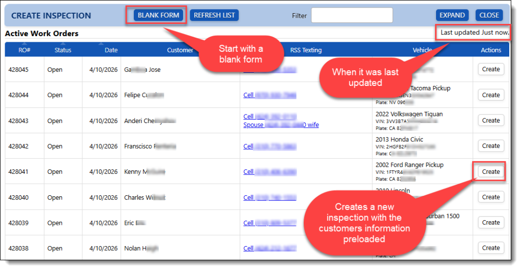 This image shows the list of repair orders that we can choose from to create a new inspection