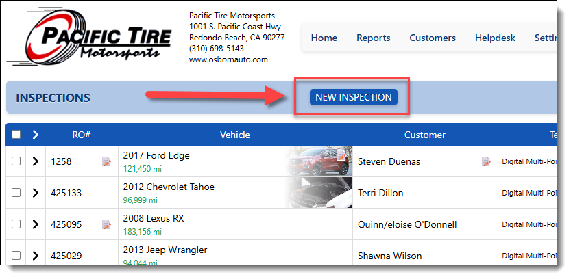 This image shows the location of the button used to start a new inspection