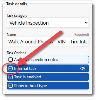 This image shows where in the editing section you determine that this is an internal task and not visible to customers.