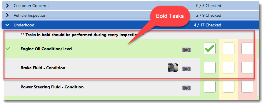 What bold text looks like to a technician performing a digital vehicle inspection