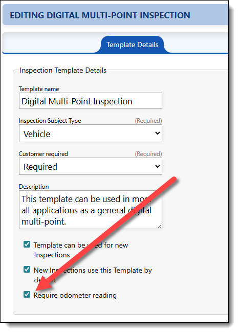 This image shows where to check the option to make mileage mandatory on a checklist