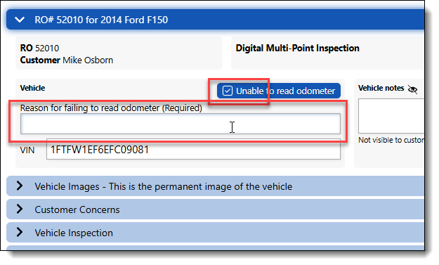 This image shows where the user must enter a milege, or explain why it can't be read when the system is set to mandatory mileage entry