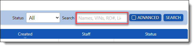 This image shows how to search your data for all previous inspections by RO number, license, name, etc.