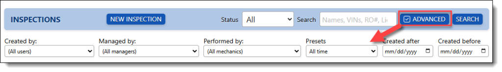 This shows the advanced search option allowing you to search by technician, dates, etc