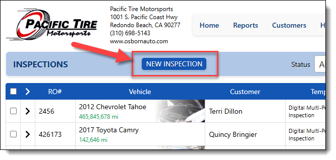 This image shows how a user starts a new inspection for a vehicle.