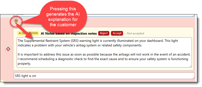 This image shows the use of our AI-enhanced explanation that changes a simple "SRS Light is on" into a full explanation to the customer pointing out that the air bags have been disabled and will not deploy during an accident