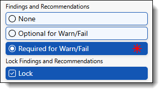 The image shows a few of the task options for showing findings and recommendations