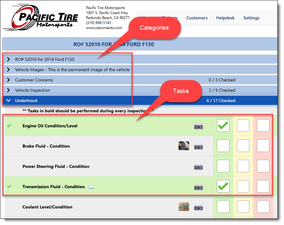 This image shows the overview of a digital inspection checklist and points out the relationship between categories and the tasks contained within them