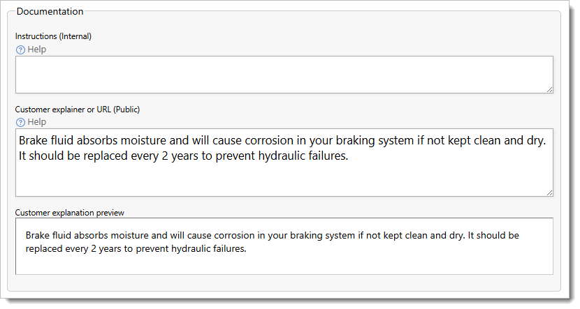 The image shows where a user would include mechanic instructions or text that explains a task to a customer