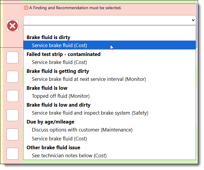 This image shows what our dropdown selection looks like when a mechanic marks the brake fluid as bad or needing service