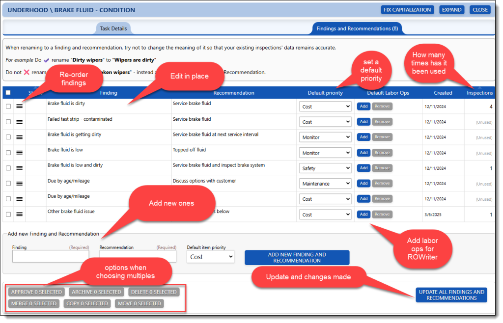 This image shows all of the options we have available for a user to edit or simplify the list of findings and recommendation