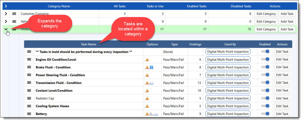 This image shows the expanded view of a list of tasks contained within a single category