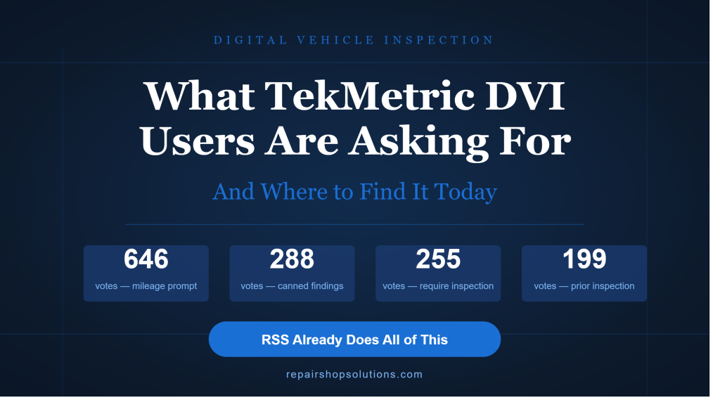 TekMetric DVI feature requests compared to Repair Shop Solutions capabilities — vote counts shown