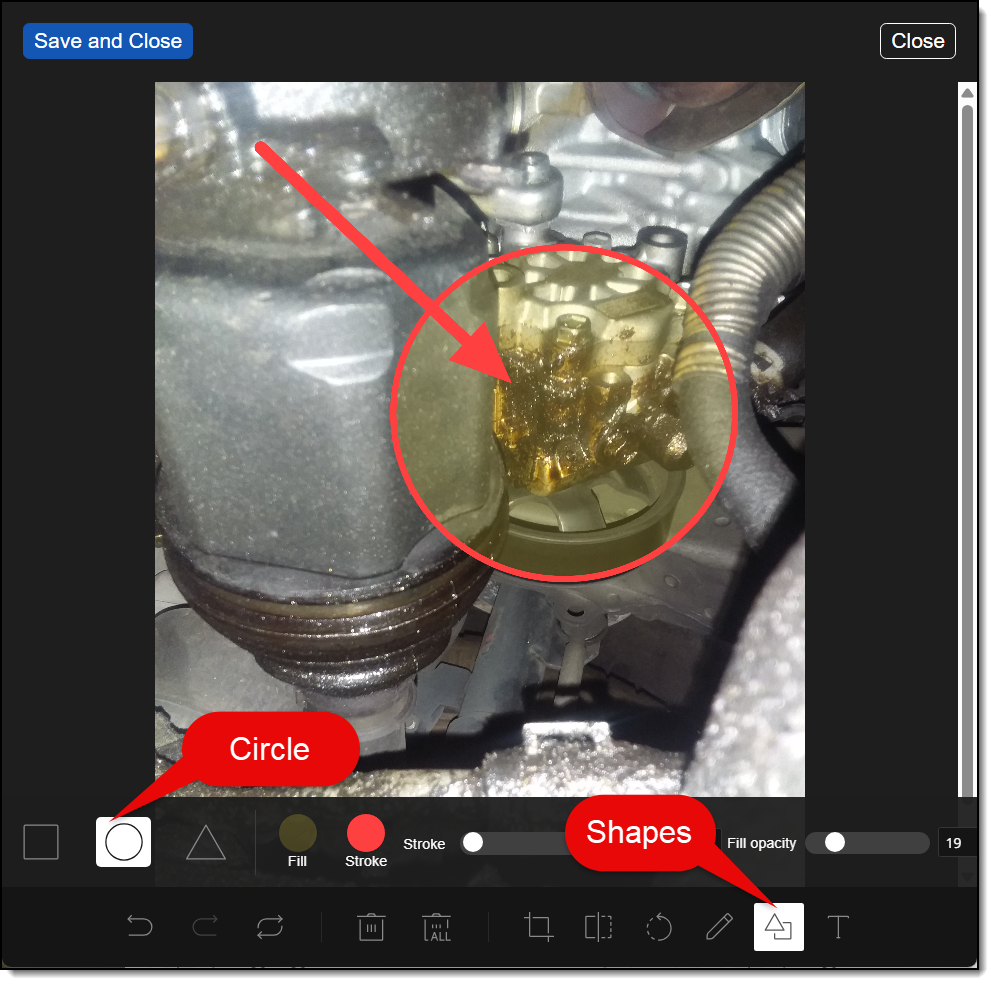 Circle shape highlighting a leak on an inspection photo in RSS DVI