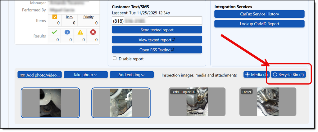 Recycle Bin in RSS DVI showing a restorable deleted photo